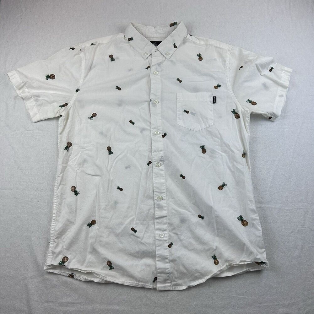 Molakai Surf Co Button Up Shirt Mens L White Pineapple All Over Print